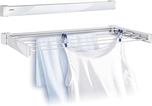 Leifheit Wandtrockner Telegant 72 Protect, 7,20m Wäscheleine für kleine Haushalte, platzsparender Wäschehalter Wand, Wandwäschetrockner draußen und drinnen, Wäscheständer ausziehbar