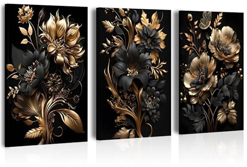 Gutluz Diamond Painting Erwachsene – 3er Set schwarzes Gold Diamond Painting blumen, 5D Vollbohrer DIY Bastelset zur Entspannung, als Geschenk und für Zuhause als Wanddekoration 30×40cm