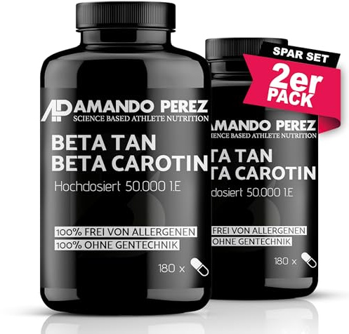 Amando Perez Beta Tan+ Bräunungskapseln Hochdosiert 50.000 I.E. – 360 Softgels – Natürliches Beta Carotin aus Dunaliella salina – Provitamin A – Vegan – Vorrat für lange Zeit – 2er Bundle