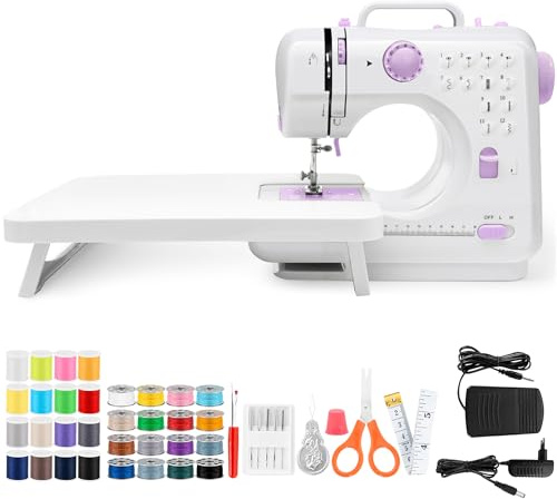 Nähmaschine mit Anschiebetisch, Mini-Nähmaschine, tragbare elektrische Nähmaschine, 12-Stiche-Nähmaschine mit LED-Licht, Nähzubehör-Set, ideal für Kleidung, Kissenbezüge, Bettlaken