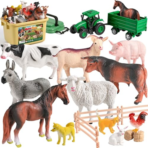 KNASON Bauernhof Spielzeug,23 Stück Bauernhoftiere Set mit Realistischen Tiere Figuren,Traktor Spielzeug und Zaun Montieren,Pädagogische Bauernhof Spielsets Geschenk für Kinder Kleinkind ab 3 Jahre