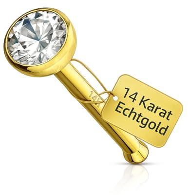 Paula & Fritz® Echt-gold Nasen-piercing Nasenpiercing-s nose Nasenfluegel Nasenstecker Nostril 14 Karat Zirkonia rund clear GDO-09C_FBS