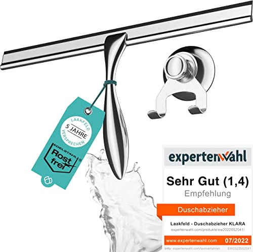 Extra breiter Duschabzieher 30,5 cm aus Edelstahl mit Silikonrand - Edelstahl Duschabzieher inkl. Saugnapf Griff ohne Bohren - Duschabzieher