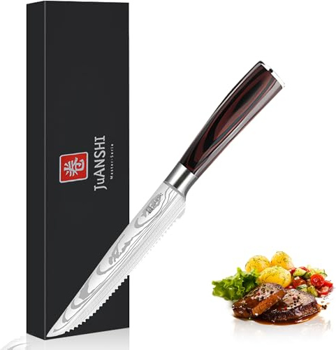 JUANSHI® Steakmesser 11,4 cm, Steak Messer aus Hochkohlenstoff-Edelstahl, Ultrascharfe Gezackte Klinge, Ergonomischer Holzgriff, Küchenmesser für Steak, Fleisch, Pizza und Grillabende