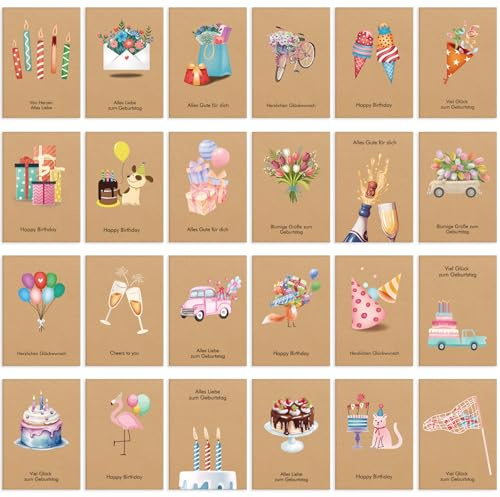 24 Geburtstagskarten | Glückwunschkarten zum Geburtstag mit Umschlägen | Set Glückwunsch Karten Happy Birthday mit 24 Designs aus Kraftpapier | Klappkarten Geburtstag für alle Altersgruppen