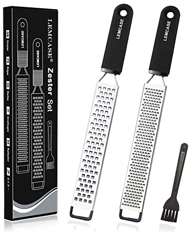LEMCASE® Zester, Hobel Reibe (2 Stück Set) - Zitronenreibe, Küchenreibe, Käsereibe, Ingwerreibe - SilikonGriff und Edelstahl Klingen mit Sicherheitsabdeckung | Schwarez