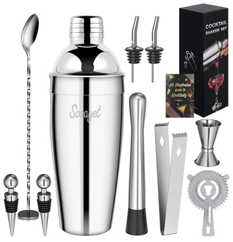 Sosayet Cocktail Shaker Set, 10-teiliges Edelstahl Cocktail Set mit Zubehör & Rezeptkarten, 750 mL Barkeeper Set für Anfänger & Profis - Geschenk für Männer