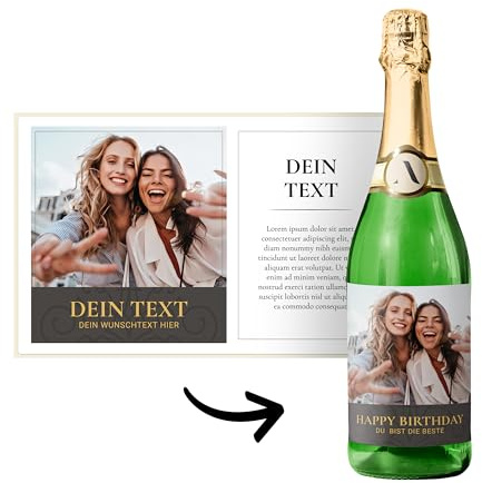 Flaschenetiketten Geburtstag selbst gestalten – Set mit 2 Stickern (Vorder- & Rückseite) – personalisierbar mit Foto & Text – für Wein/Sekt – wasserfest – DIY Geschenk (Ornament taupe)