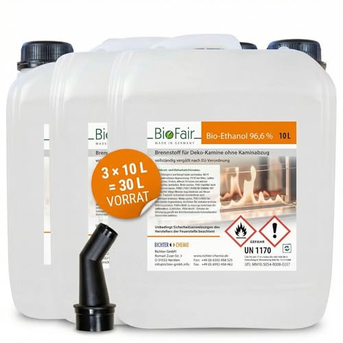 BioFair Bioethanol 96,6% Kamin Brennstoff für Ethanolkamine, 3 x 10 Liter | Für Bioethanolkamin, Ethanol Tischkamin, Wandkamin Indoor, sofort einsatzbereit ohne Mischen; geruchs- und rußfrei, 30 Liter