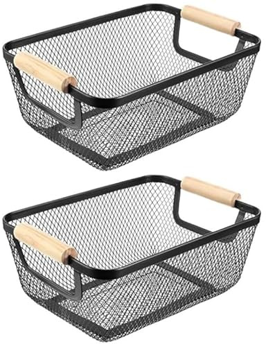 Drahtkörbe, 2PCS Metallkörbe Aufbewahrungskörbe Küchenkorb mit Holzgriffen | Obstkorb Hängend Organizer Multifunktionaler Netz-Metallkörbe Regalkörbe für Küche Speisekammer Badezimmer Schlafzimmer