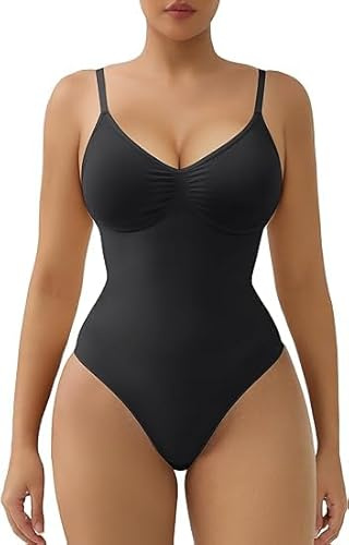 Ovnshery Shapewear Damen Body Shaper Damen mit Verstellbarer Schultergurt, Bodysuit Damen Fajas Colombianas Bauchkontrolle Nahtlos (Tanga - Schwarz, XL)