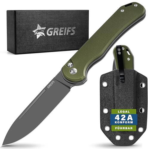 GREIFS Klappmesser Paxos, legales Taschenmesser aus D2-Stahl mit Buttonlock | Zweihandmesser mit Kydexholster · 42a konform · Outdoor-Messer für EDC, Camping, Bushcraft, Jagd und Survival