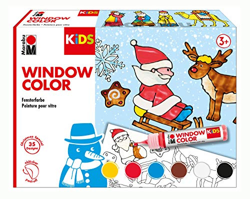 Marabu 0306000000003 - Kids Window Color Winter mit 6 x 25 ml Farbe, Malvorlage A3 mit 35 Motiven und Folie A4, Fenstermalfarbe auf Wasserbasis, geeignet für Glas, Spiegel, Fliesen und Folie