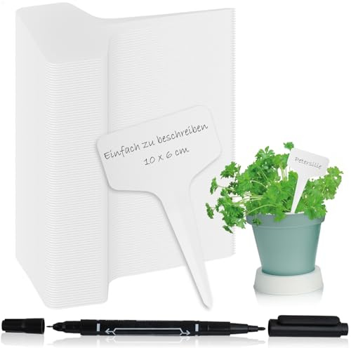 com-four® 100x Pflanzschilder mit Dual-Tip Marker, Praktische | Balkon & Zimmerpflanzen - Perfekt zum Beschriften von Beeten - Kübeln & Anzuchtstationen