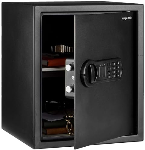 Amazon Basics Elektronischer Tresor aus Stahl mit programmierbarem digitalem Tastenfeld für Schmuck, Geld, Wertsachen, 43 l, 35 cm x 33 cm x 42 cm (B x T x H), Schwarz