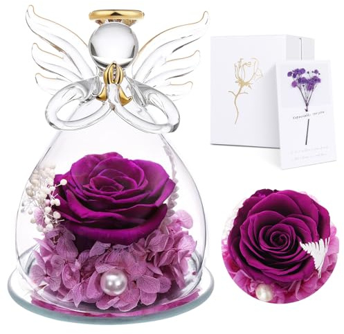 Touloube Ewige Rose Engel Geschenke für Mama, Ewige Rose in Engel Glaskuppel für Sie, Infinity Rosen Konservierte Blumen Handgemachte, Engelsfigur aus Glas, Geschenk für Frauen Mutter Oma Großmutterk