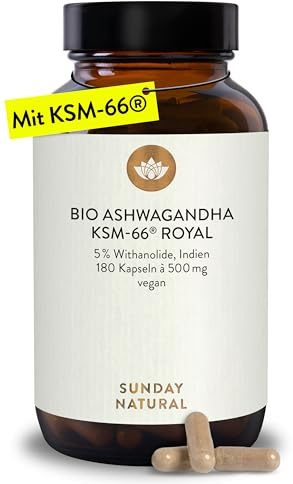 SUNDAY NATURAL® Bio Ashwagandha Kapseln - Premiumrohstoff KSM-66® – 180 Kapseln - 1.000mg Wurzelextrakt mit 50mg Withanoliden (5%) pro Tagesdosis – Ashwaganda aus Indien