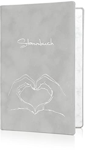 Stammbuch der Familie Hochzeit – Familienstammbuch Velours Grau Prägung Hand mit Herz in Silber – Handgefertigtes Stammbuch mit 6-Ring Mechanik für Urkunden 13x20 cm – Familienbuch Hochzeit