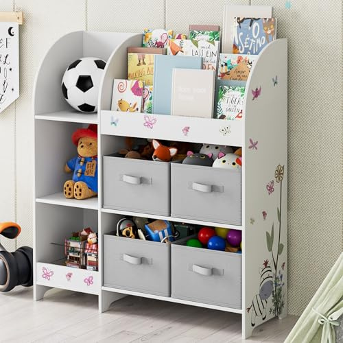 HOCSOK Spielzeugregal, Kinderregal mit 4 Stoff Aufbewahrungsboxen, Spielzeug-Organizer für Kinderzimmer für Kinderzimmer, Schlafzimmer, Kindergarten