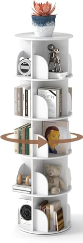 Nisorpa Drehbares Bücherregal 5-Stöckig Holz Weiß Standregal 40x40x159cm | 360° Rotierend Offener Bücherschrank Standregal, Drehbares Regal Bücher, für Wohnzimmer & Büro, Pflegeleicht