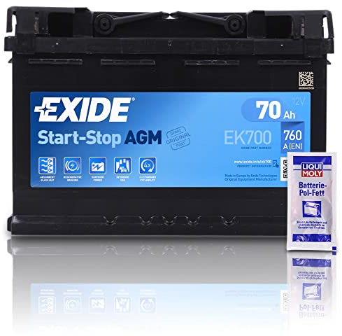 EXIDE EK700 Autobatterie AGM 12V 70Ah 760A Start-Stop AGM Starterbatterie PKW KFZ Batterie + 1x Batteriepolfett