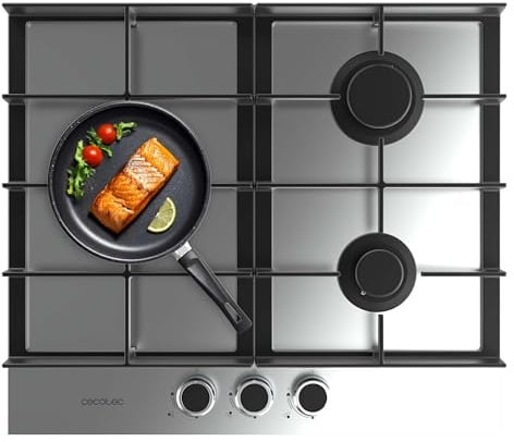 Cecotec Gaskochfeld mit 3 Brennern Bolero Squad G 3400F Inox. 6,2 kW, Dreifachflamme, Edelstahl, Gusseisenroste, WOK-Brenner, Elektronische Zündung, Sicherheitssystem, Umstellung auf Butangas.