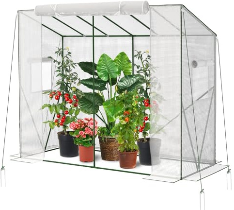 Velway Tomaten Gewächshaus Foliengewächshaus Stabil - 208x81x170/141cm Winterfest Tomatenhaus Schrägdach Garten Treibhaus mit PE Gitterfolie, Belüftungsfenster, Erdanker und Winddichten Seile - Weiß