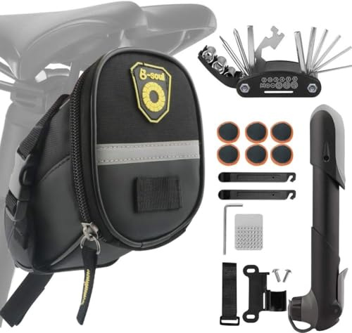 Fengzio Fahrrad Satteltasche mit Fahrradpumpe Reparaturset, 16-in-1 Multitool und Flickzeug Reifenheber Fahrradwerkzeug Set für Unterwegs - Notfallwerkzeug Fahrrad Werkzeug Set