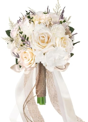 Sousi Hochzeitssträuße für Braut und Brautjungfern, Weiße Kunstrosen Blumen Hochzeitsdekoration (Champagner,21cm)