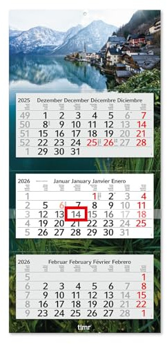 Timr 3-Monatskalender 2026 - Wandkalender 3 Monate mit Schieber - 70 cm Dreimonatskalender mehrsprachig D/GB/F/ES I Motiv Berge Landschaft I tr328