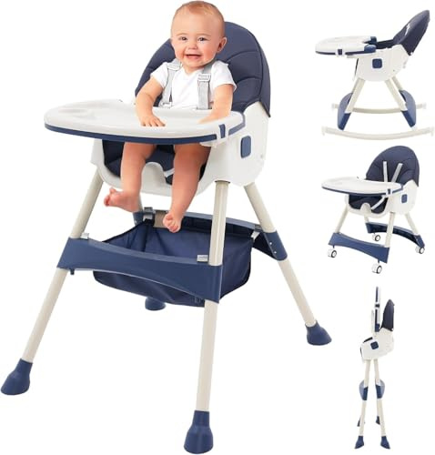 Hochstuhl Baby 5 in 1 Kinderhochstuhl mit Abnehmbares Tablett Hochstuhl Verstellbar Klappbar Babystuhl mit Liegefunktion Kombihochstuhl mitwachsend esszimmerstuhl ab 6 Monate kleinkinder (Blau)