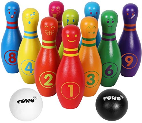 Bowling Kinder Holzspielzeug - Kegelspiel für Kinder groß mit Gesichtsgefühlen und Zahlen - Bowlingset mit 10 Kegeln und 2 Bowlingkugeln aus Holz - Holzspielzeug für 2 Jahre Kleinkinder