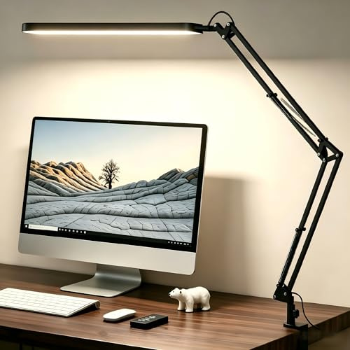 SKYLEO Schreibtischlampe LED – Schreibtischlampe klemmbar 1300LM – 5 Farbmodi x 11 Helligkeitsstufen – Verstellbarer Schwenkarm – Timmer und Speicherfunktion – 12W Desk Lamp – Schwarz