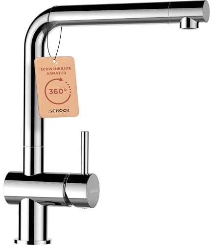 SCHOCK® EPOS Chrom Einhebelmischer I Küchenarmatur mit Festauslauf I Schwenkbarer Auslauf 360° I Hochwertige Armatur in Chrom I Zeitlose Spültischarmatur für Küchen I Flexible Anschlussschläuche
