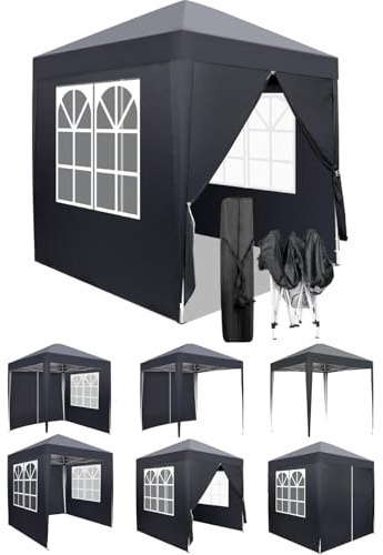 LEADZM 2x2m Pavillon,Pop-up,Winddicht,Wasserdicht,Faltpavillon,UV Schutz 50+,Höhenverstellbar,mit 4 Seitenteilen,für Outdoor, Garten, Party, Camping,Dunkelgrau