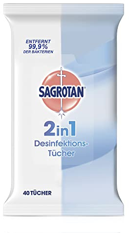 Sagrotan 2in1-Desinfektionstücher – Zum Desinfizieren von Händen und Oberflächen – 1 x 40 Feuchttücher in wiederverschließbarer Verpackung