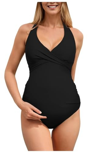 Glücksvogel Maternity Damen Umstands Badeanzug Einteilig V-Ausschnitt Neckholder Schwangere Swimwear FrontCross Pregnancy Swimsuit Umstandsbadeanzug Bathing Suit Maternity Bikini Umstandsbademode (M)