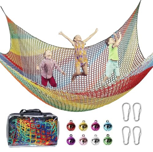 Kletternetz Spielplatz,3x3m Doppelschicht Schutznetz Kinder,Spielplatz Sicherheitsnetz,Inklusive Aufbewahrungstasche,4 Haken Und 8 Glöckchen,Für Spielplatz Outdoor Indoor Garten (Irisierend)