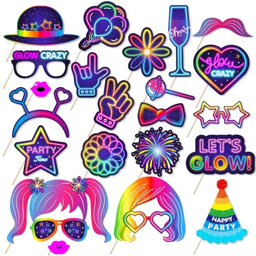 AIBAOBAO Fotobox Accessoires Neon, 25 Stück Fotobox Requisiten Glow, Party Foto Requisiten, Photo Booth Props für Geburtstag, Karneval, Hochzeit,Weihnachtsparty, Disco Party Zubehör Deko Gadgets