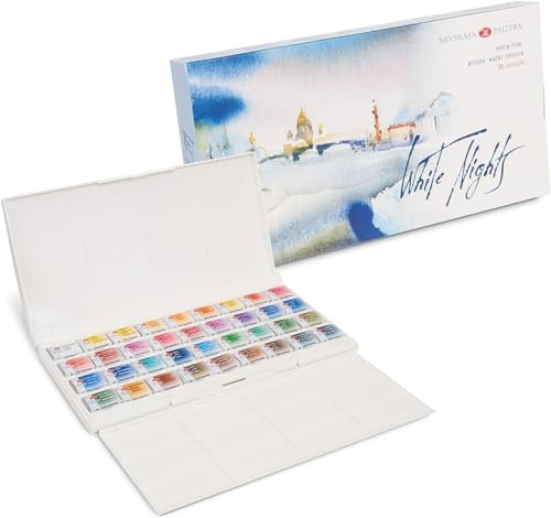 White Nights russische Künstler-Aquarellfarben im Set, 36 Farben in ganzen Näpfchen im Kunststoffkasten, hohe Brillanz und Leuchtkraft
