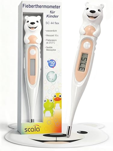 scala SC 44 flex Digitales Fieberthermometer Baby & Kinder – 10 Sek. Messzeit, flexible Spitze, Fieberalarm, wasserdicht – oral, rektal & axillar – Eisbär Motiv