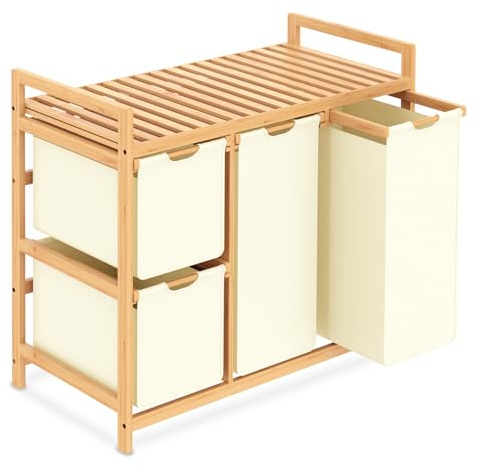 iEGrow Wäschekorb 4 Fächer 150L, Wäschesammler 4 Fächer, Bambus Wäschewagen mit Ablage für Schmutzwäsche, Push-Pull Wäschesack aus Oxford-Gewebe, 2 x 50 L, 2 x 25L Wäschebox Beige