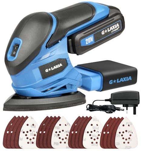 G LAXIA Akku-Multischleifer 20V Li mit Staubsammelbeutel, 20 Blatt Schleifpapier | 20V 140mm x 94mm Deltaschleifer mit Akku und Ladegerät