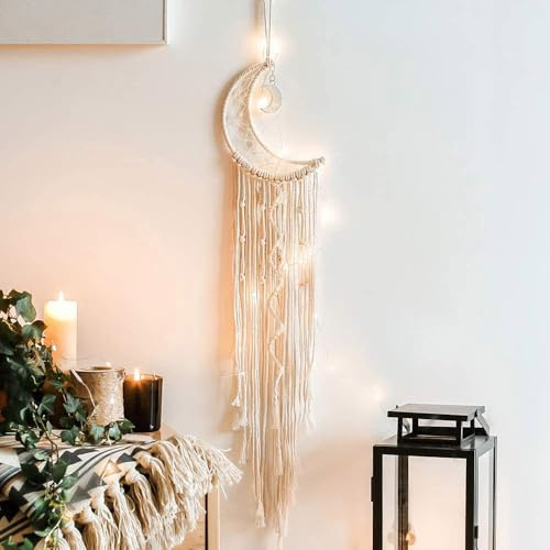 Koytoy Makramee Wandbehang Mond Traumfänger mit LED Licht Handgefertigt Gewebte Dreamcatcher Boho, Haus Dekoration Chic Home Decor Geschenke Apartment Raumdekoration für Eid Mubarak Ramadan