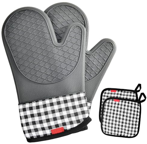Ankway Ofenhandschuhe Topfhandschuhe 4er Set, Hitzebeständige Backhandschuhe, Topfhandschuhe aus weicher Baumwolle, Lange Flexible Dicke silikon Kochhandschuhe für Kochen Backen Grillen