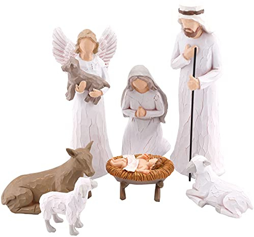 CHUANGLI Krippenfiguren Set, Handbemalte Krippenfiguren, 7 Krippe Handbemalte Harzfiguren, JesusBaby, Maria, Josef, Esel, Engel und Zwei Schafe, Weihnachtsdeko Geschenke