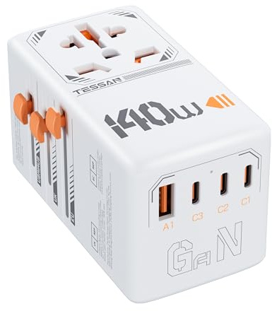 TESSAN 140W GaN Reiseadapter Weltweit, Schnellladung Adapter, Reisestecker Weltweit mit 3 USB C, 1 USB A, Travel Adapter für EU US UK Italien Japan Thailand Australien Kanada