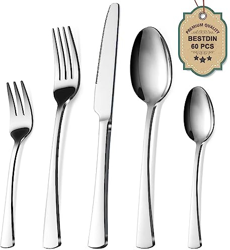 Bestdin Besteck Set 12 Personen, 60 teilig Edelstahl Besteckset, Essbesteck Set mit Messer Gabel Löffel, Hochwertiges Edelstahlbesteck, Spülmaschinenfest.