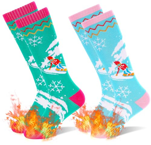 GRPSKCOS Kinder Skisocken, 2 Paar Warme Dicke Snowboard-Skating-Socken Winter Thermische Schneesocken für Jungen Mädchen Kleinkind (02 Rosa Blau+Rosa Grün, 7-12 Jahre)