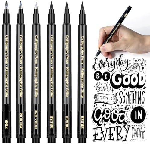 APOGO Kalligraphie Stift Handlettering Stifte Kaligraphiestifte set 6 Calligraphie Stifte Lettering Stifte set für Übungsheft Anfänger Tagebuch Bullet Journal Zubehör,Brush Pen Schwarz